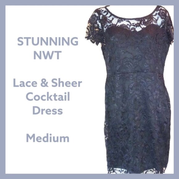 🏖️ NWT Cocktail Black Lace Bodycon Dress  Size Medium - Picture 5 of 8